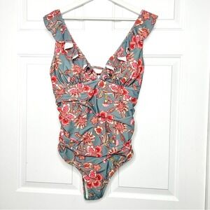Cupshe Floral Ruffle One Piece Swimsuit Bathing Suit Blue‎ Pink Flowers XXL